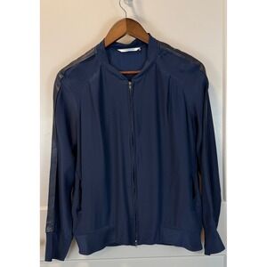 Elaine Kim 100% Silk Navy Blue Full Zip Bomber Jacket Size Small Leather Trim